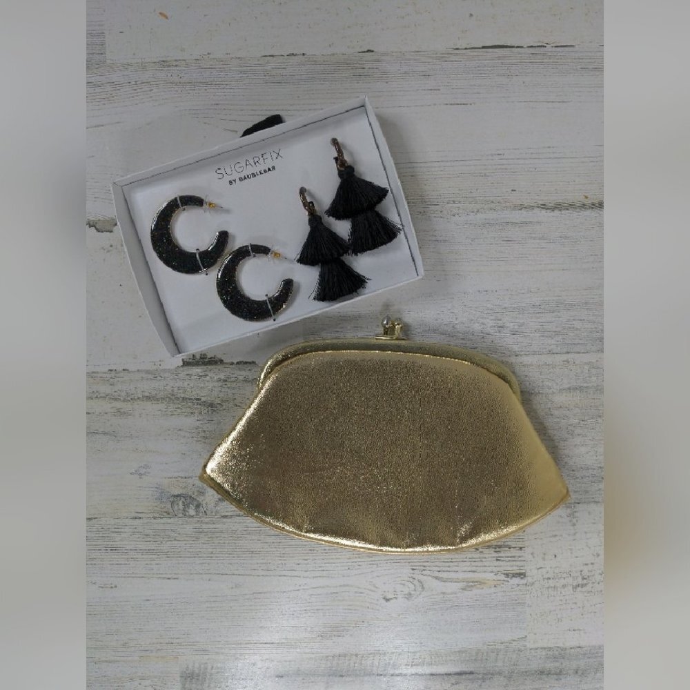 BaubleBar Earring Set and Gold Foil Clutch bundle